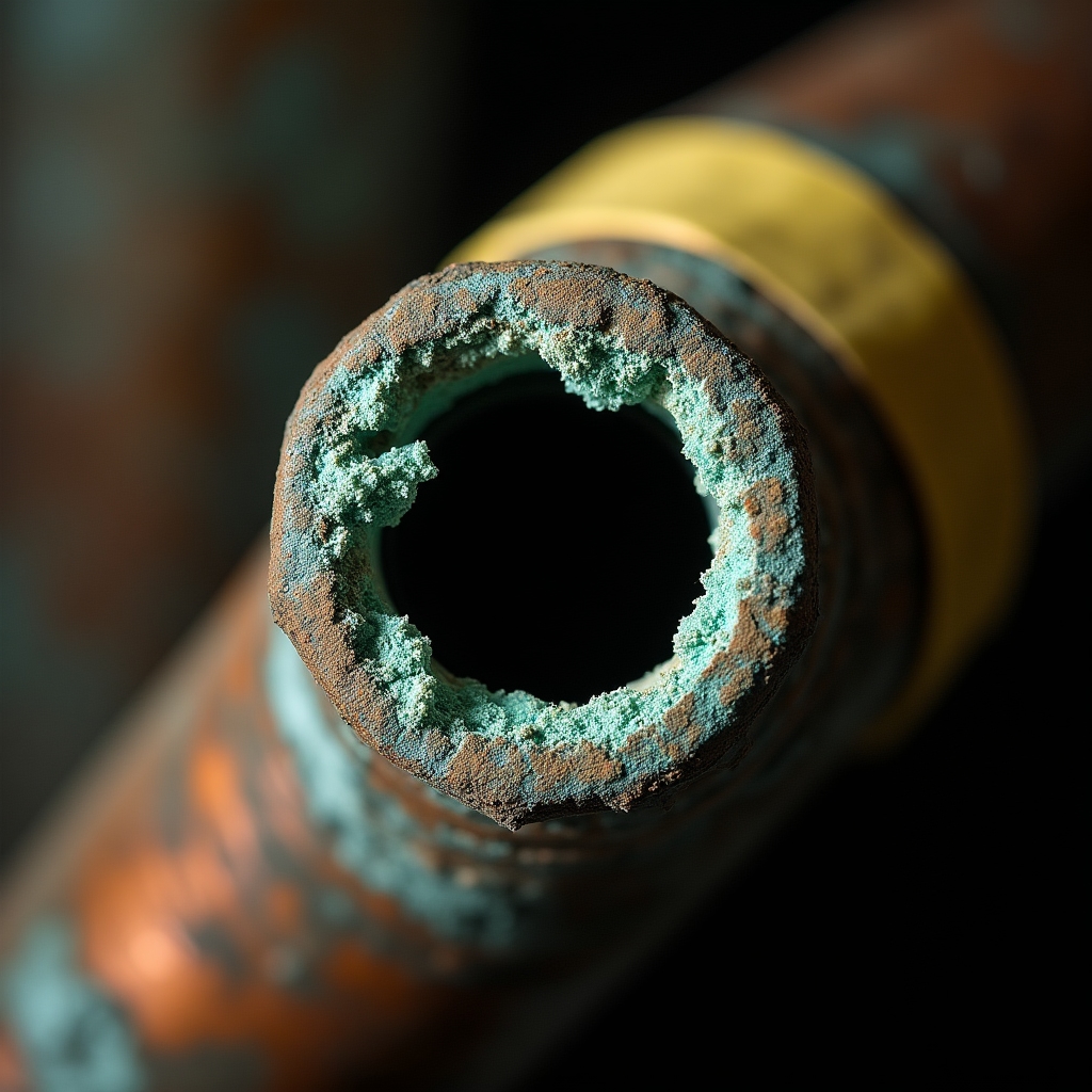 Corroded pipe joint showing oxidation damage in residential building