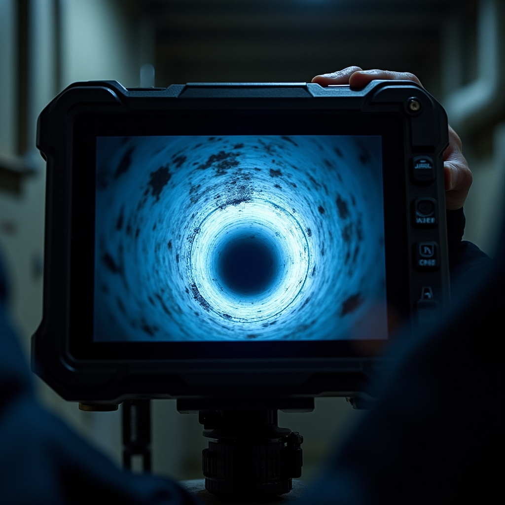 Endoscope monitor showing interior condition of residential building pipe