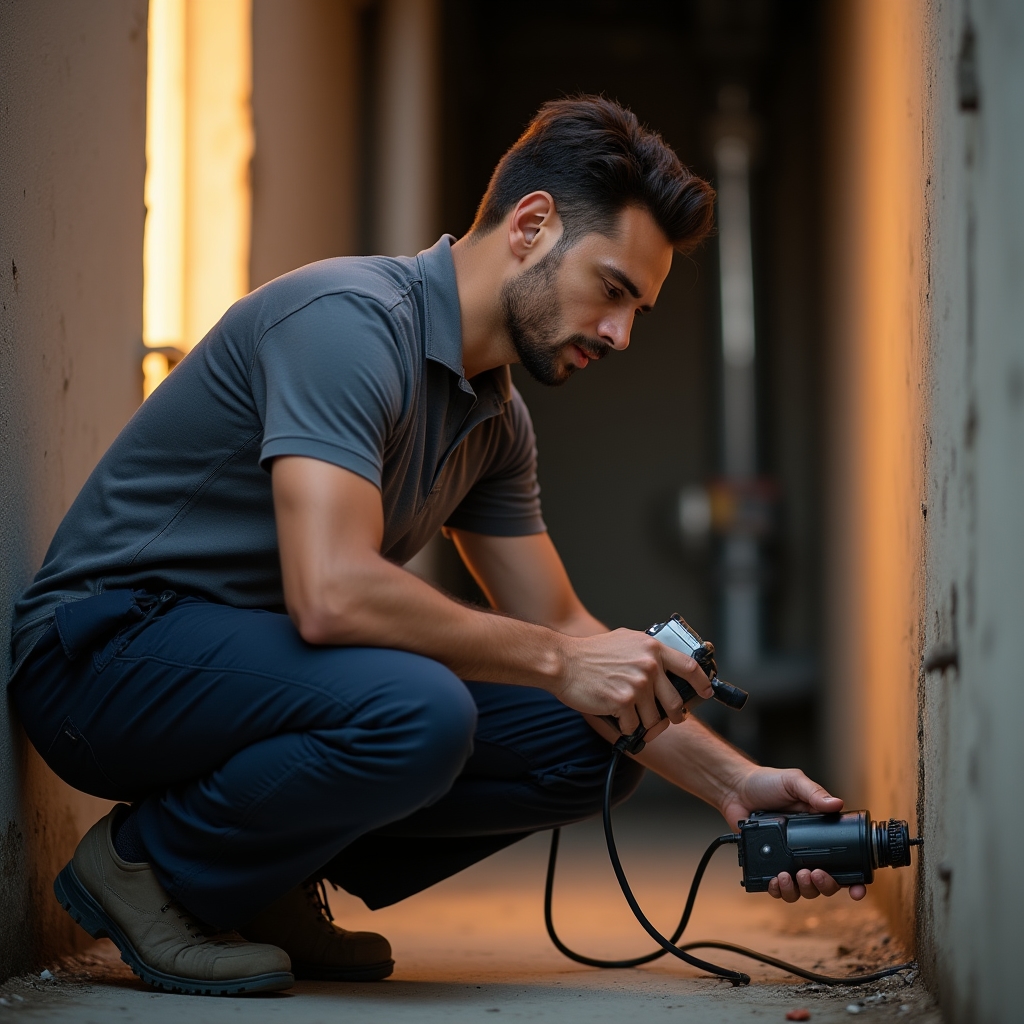 Technician performing endoscopic camera inspection of building pipes