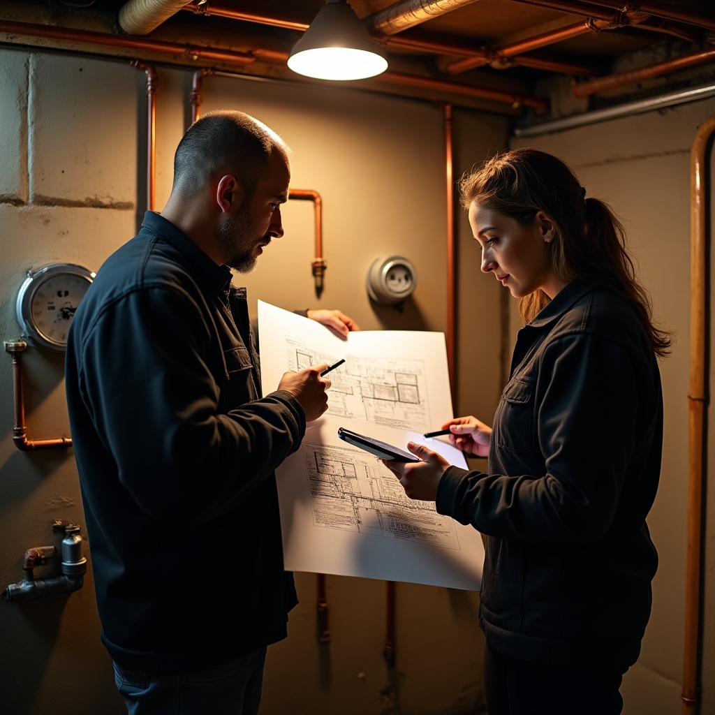 Diagnostic team inspecting building water network access point
