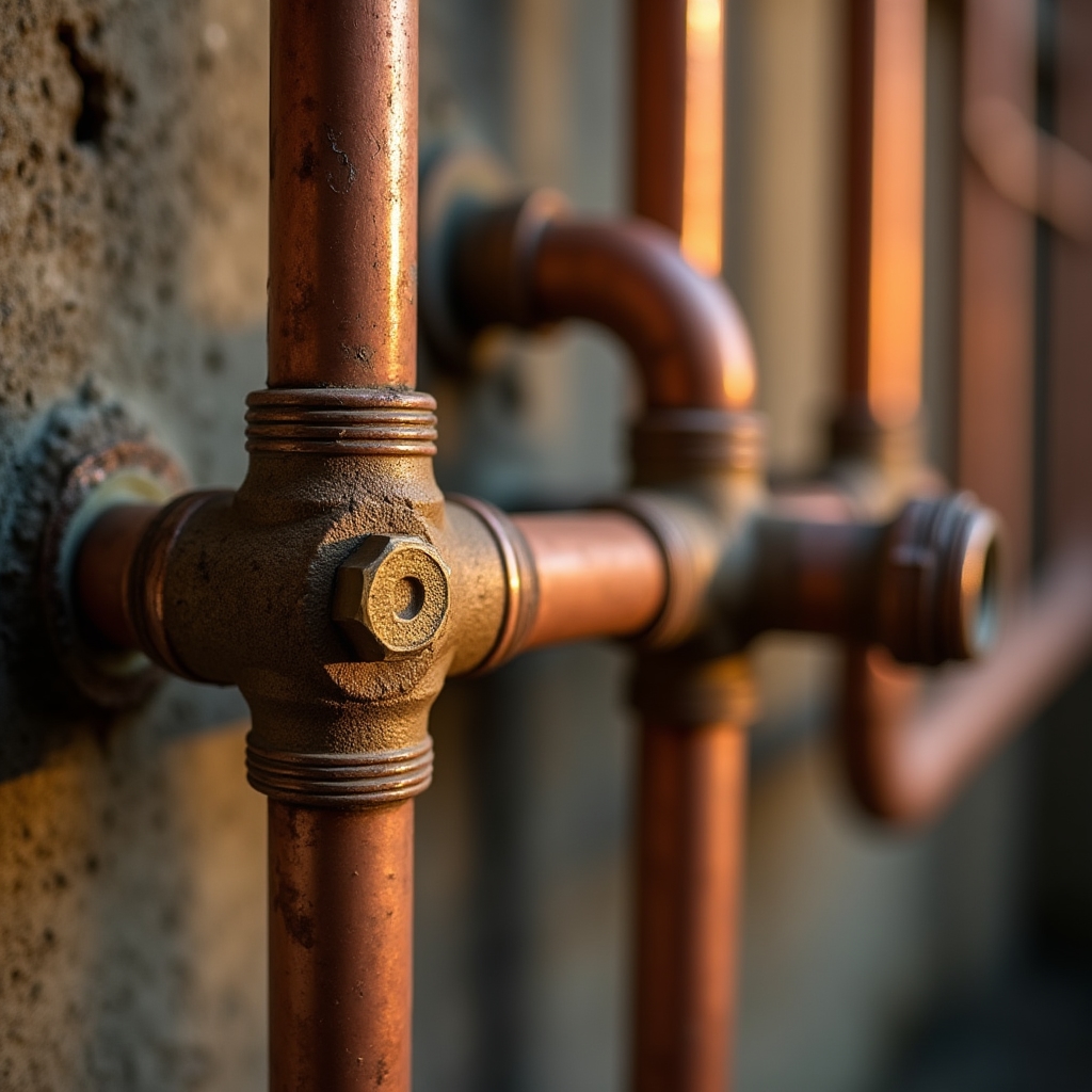 Close-up of copper pipe joint connection in residential building
